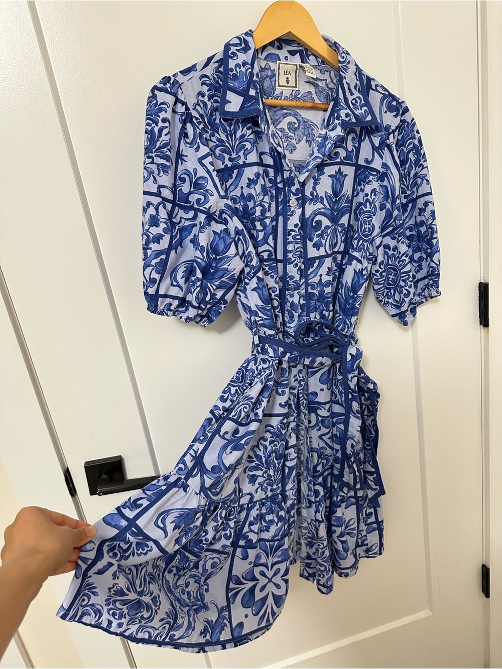 Blue Floral Tile-Print Shirt Dress